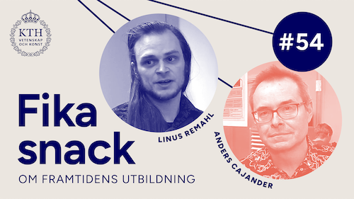Grafik med KTH:s logotyp, texten Fikasnack #54, bild på Linus och Anders.