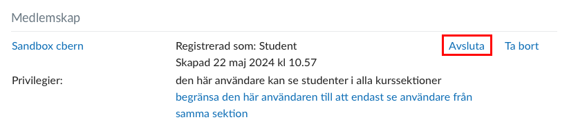 Bild från Canvas som visar en registrerad student med alternativet "Avsluta" markerat i rött.