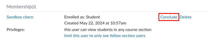 Picture from Canvas showing a registered student with the 'Conclude' option highlighted in red.
