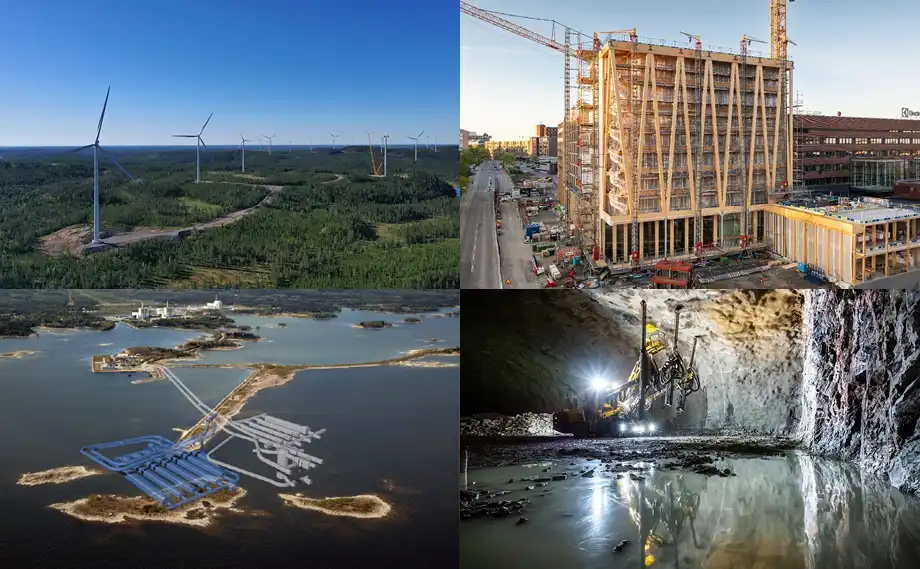 Images of a wind park, an office building, repository for radioactive waste and a tunnel