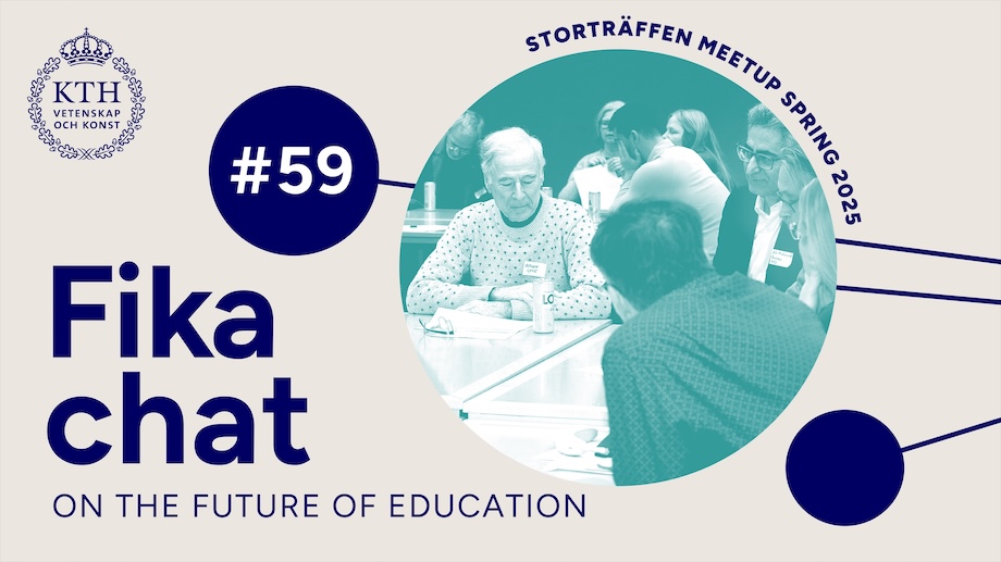 Graphics: Fika chat on the Future of Education #59. Photo: people discuss in groups.