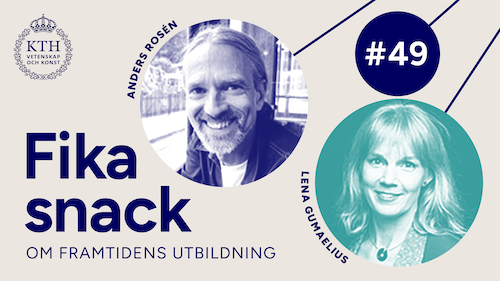 Grafik med KTH:s logotyp, texten Fikasnack #49, bild på Anders och Lena.