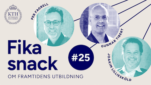 Grafik med KTH:s logotyp, texten Fikasnack #25, bild på Per, Gunnar och Joakim.
