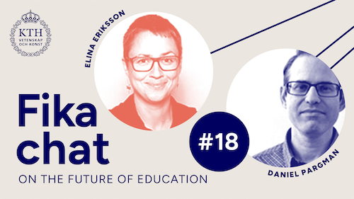 Graphics: Fika chat on the Future of Education #18. Picture of Elina and Daniel.
