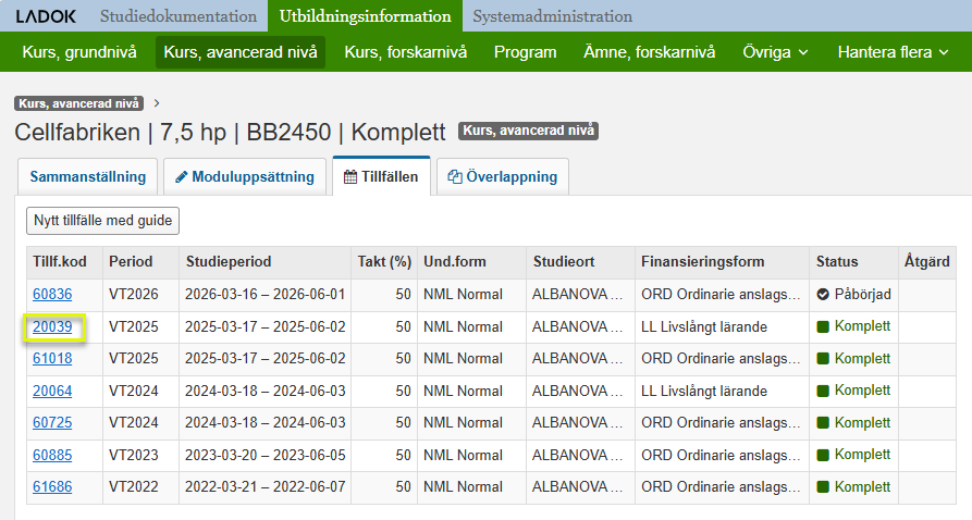Bild som visar utsökning av kurstillfälle enligt instruktionen