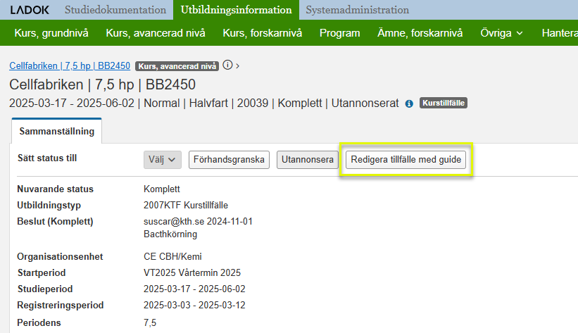 Bild som visar knappen "Redigera tillfälle med guide"