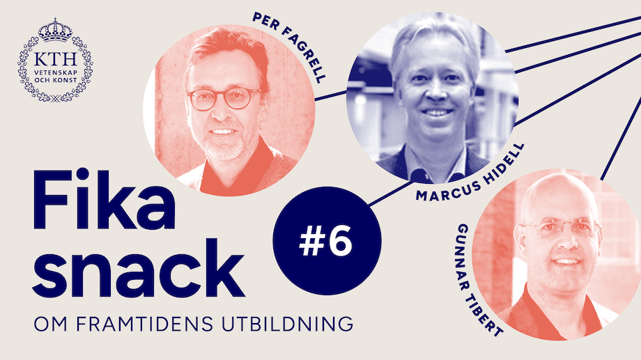 Grafik med KTH:s logotyp, texten Fikasnack om framtidens utbildning #6. Bild på Per, Marcus & Gunnar