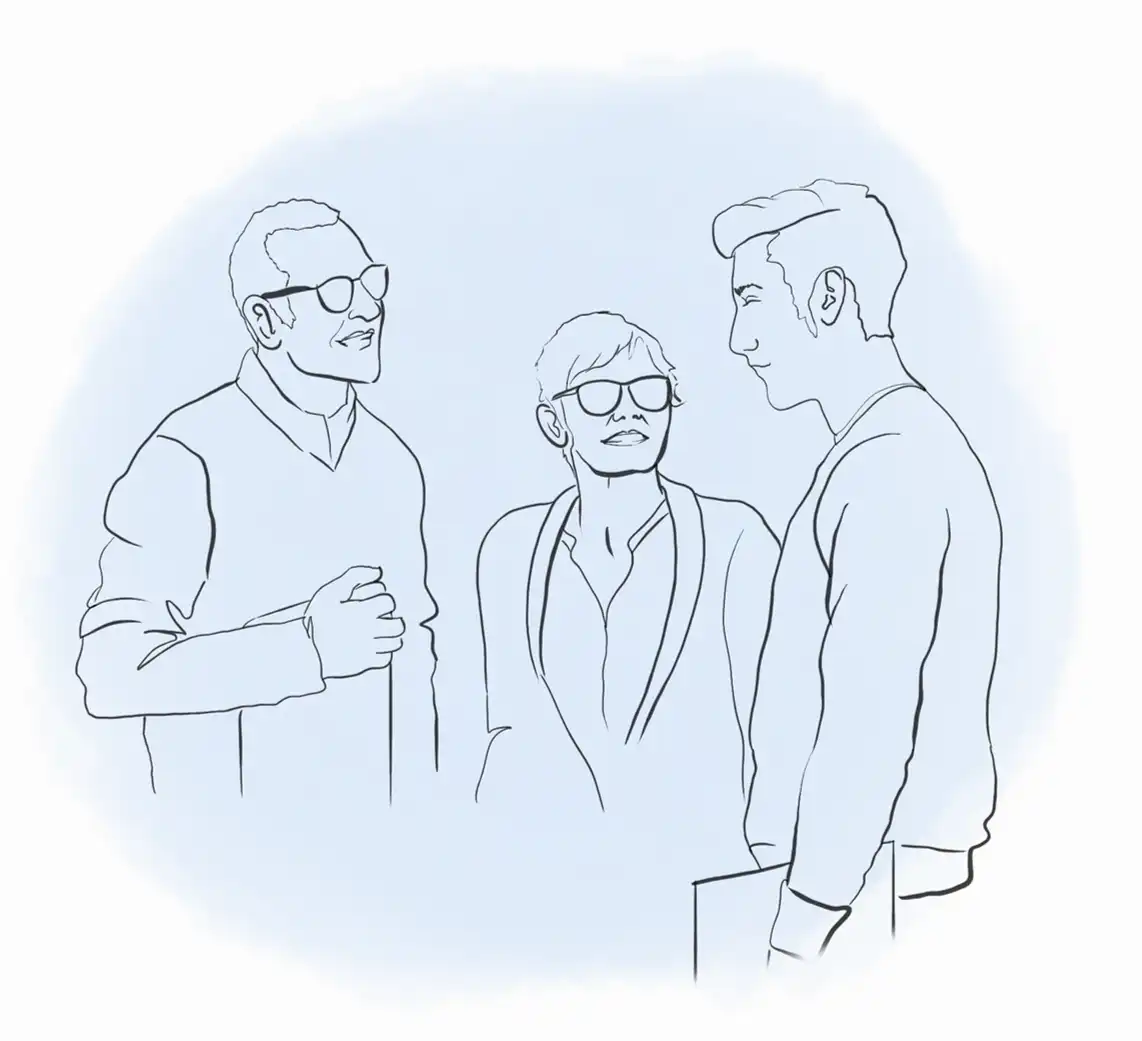 Linjeillustration av tre personer som pratar