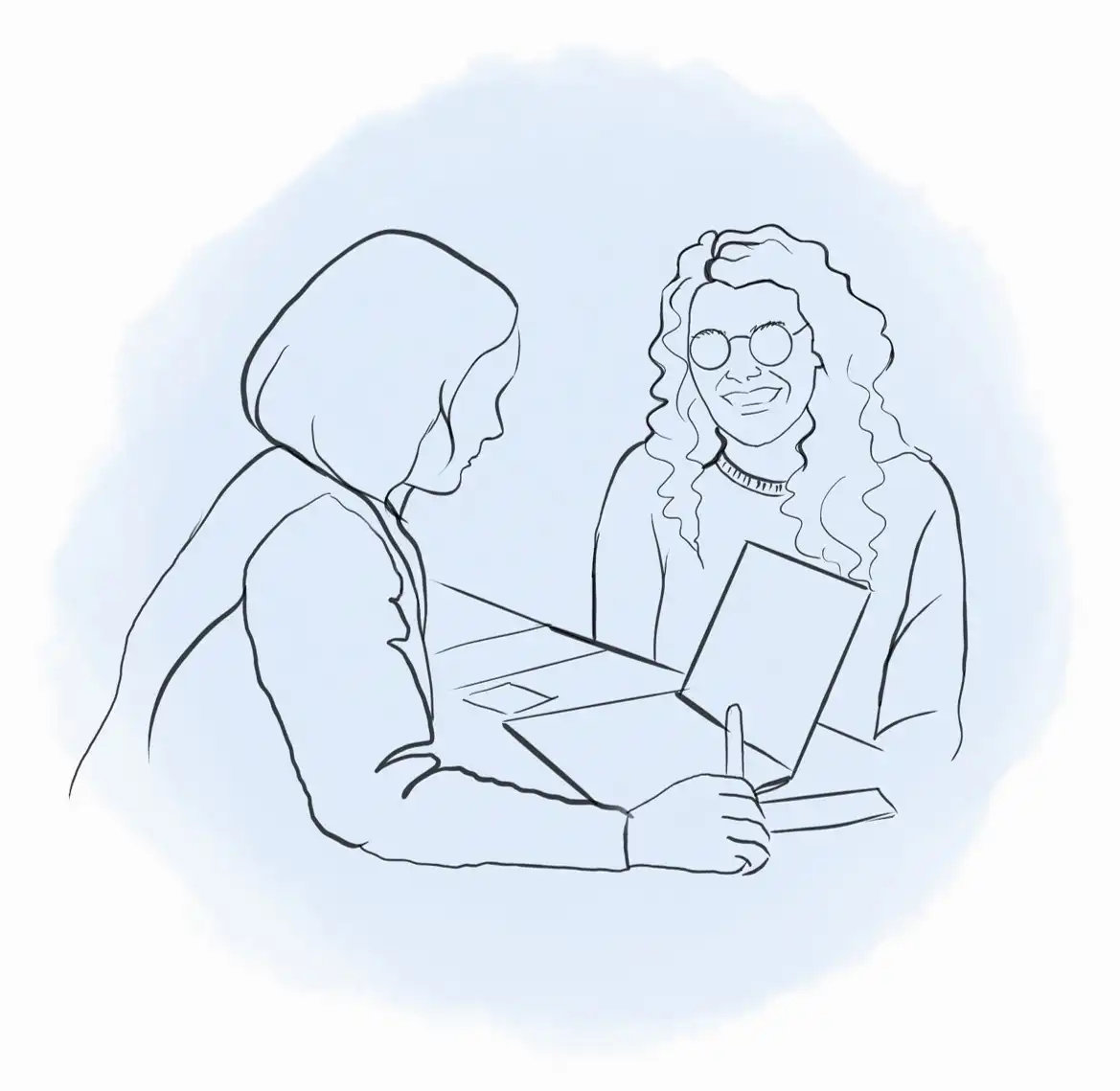 Linjeillustration av två personer som pratar