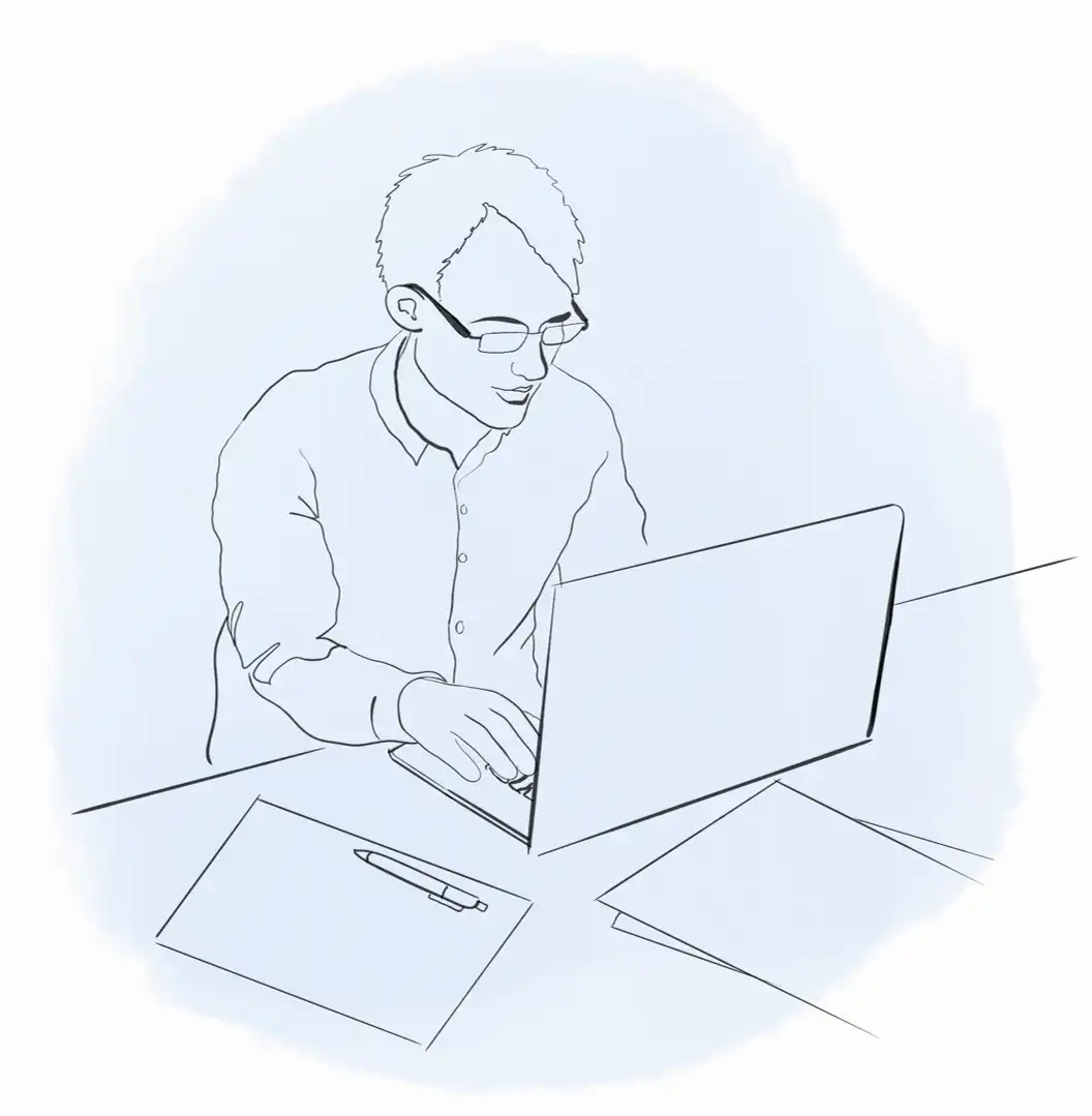 Linjeillustration av en person som sitter med en laptop