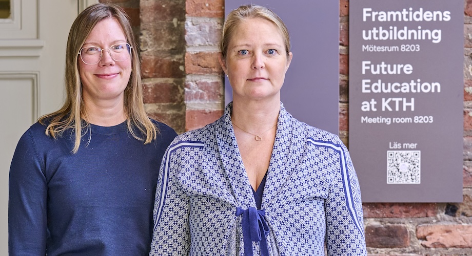 Photo: two women in front of a sign that says "Future Education at KTH."