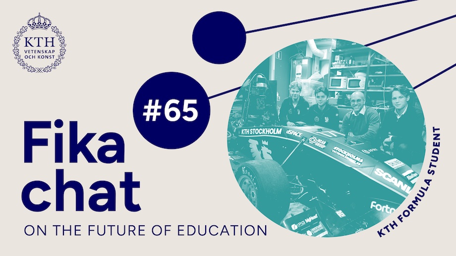 Graphics: Text: Fika chat on the Future of Education #65. Picture of a group around a racing car.