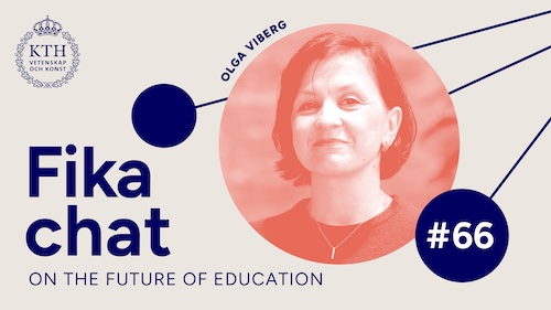 Graphics: Text: Fika chat on the Future of Education #66. Picture of a woman smiling.