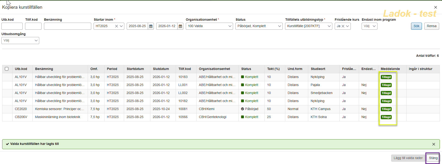 Visar tillagda kurstillfällen