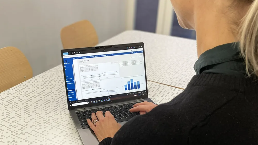 Woman at a computer looking at graphs and figures.