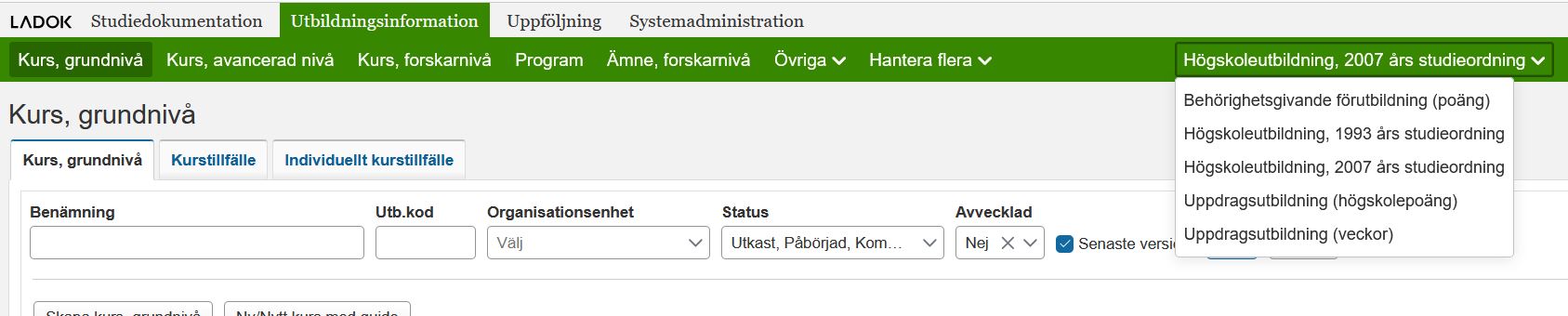 Bild som visar hur välja rätt utbildningsnivå i ladok