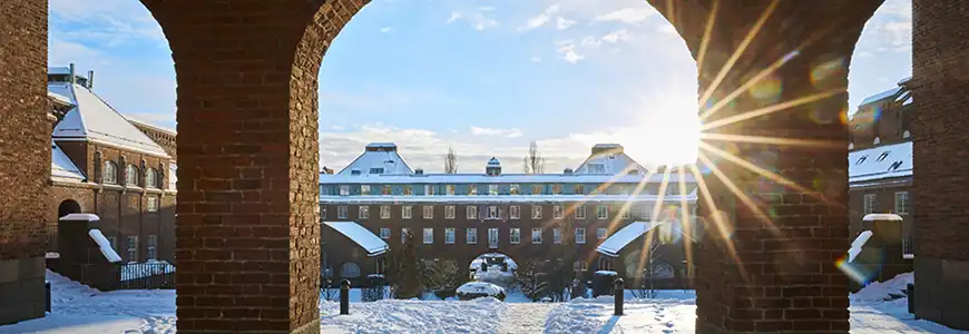 Parts of KTH Campus in snow and a low sun