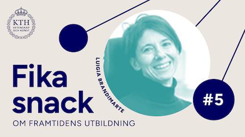 Grafik med KTH:s logotyp, texten Fikasnack #05, bild på Luigia.