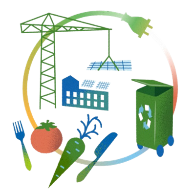 Illustration of food, building, recycling and energy