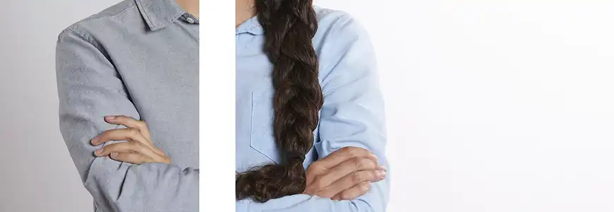 a torso composed of one half with male attributes and one half with female attributes