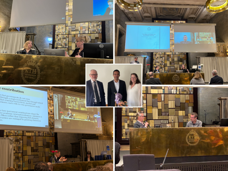 Fem bilder i ett kollage, där varje bild visar ett ögonblick från respektive disputation.