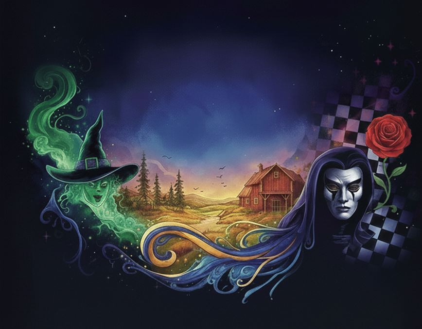 A drawing showing a witch, an old house and mountains. 