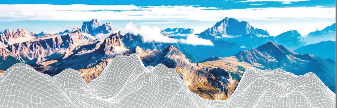 Mountain landscape with a digital wireframe terrain overlay.