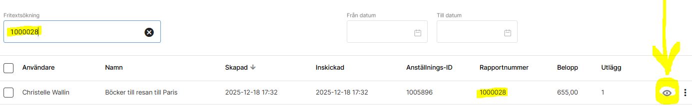 Öppna sammanställning på utläggsrapporten