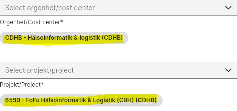 The system suggests the cost center and project number