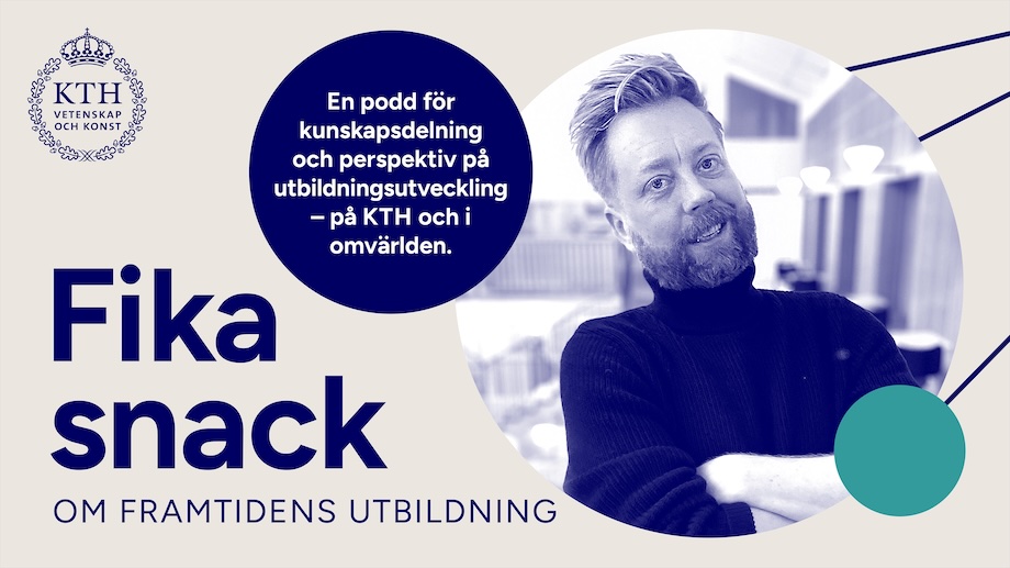 Grafik: KTH:s logotyp, bild på Marcus och text som står i bildtexten.