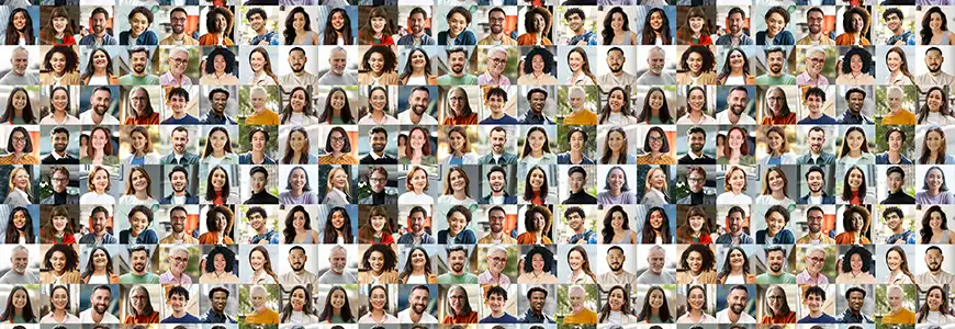 Ett collage med porträtt av ett stort antal personer av olika etnicitet