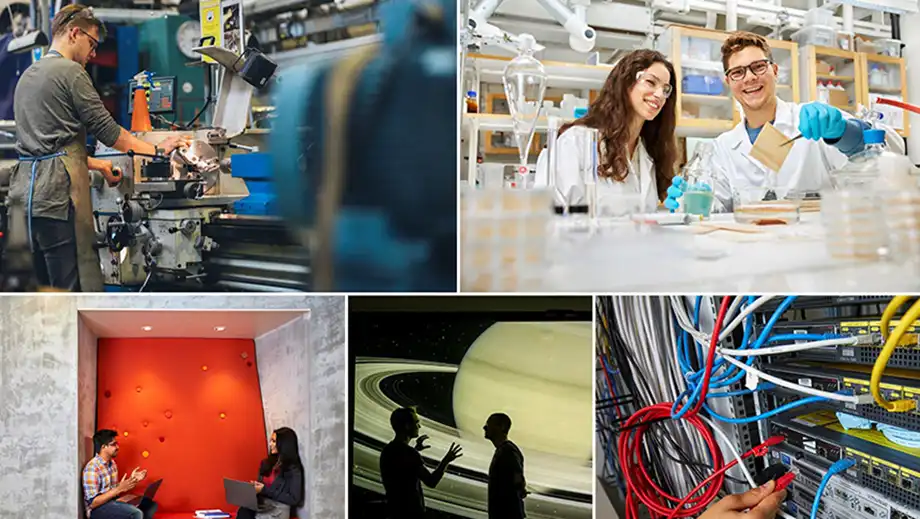 Collage of images of people in research environments.  