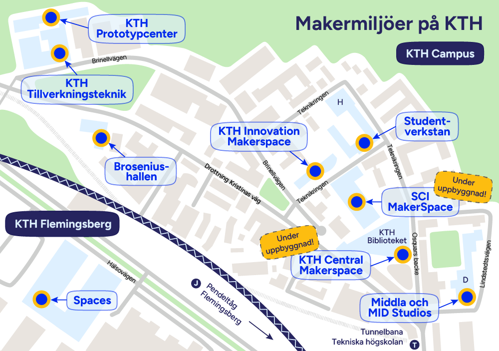 Karta som visar alla KTH:s makermiljöer.