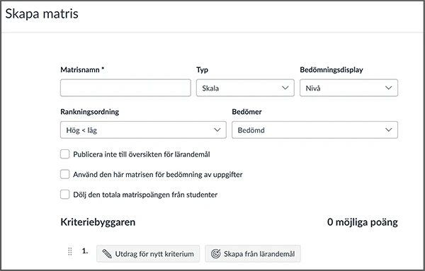 Översikt av inställningar för en nyskapad matris.