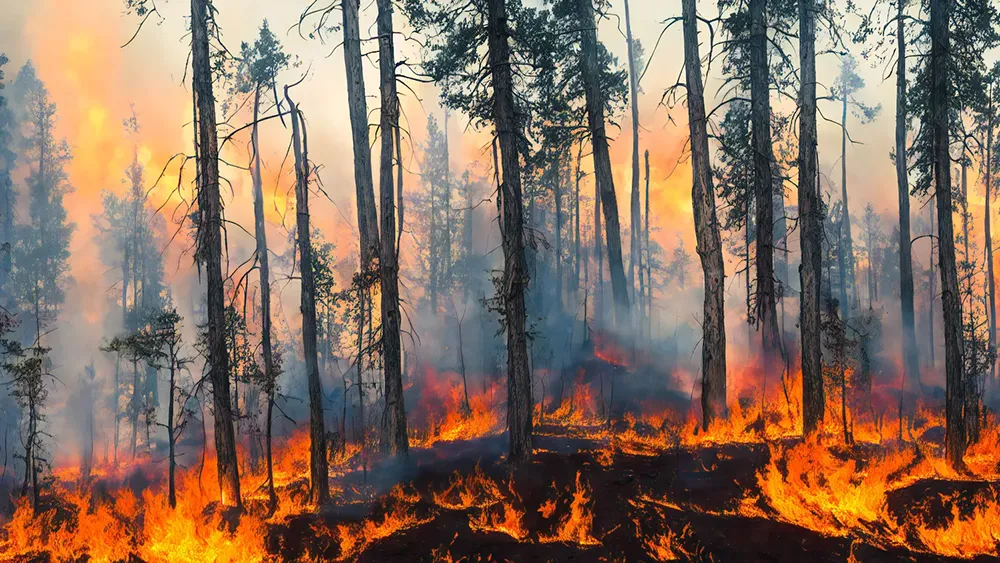 An orange fire covering the forest floor. Thin tree stems are surrounded by grey smoke.