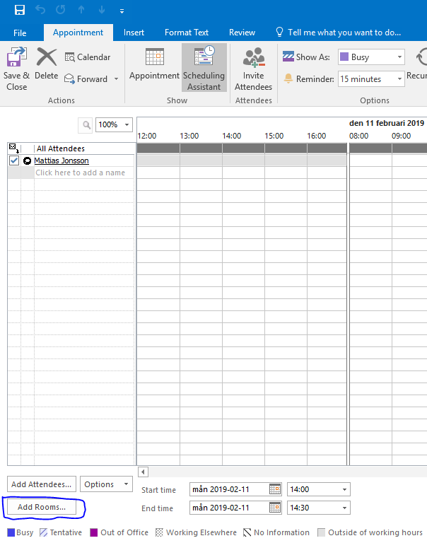 Lägga till rum i outlook kalender