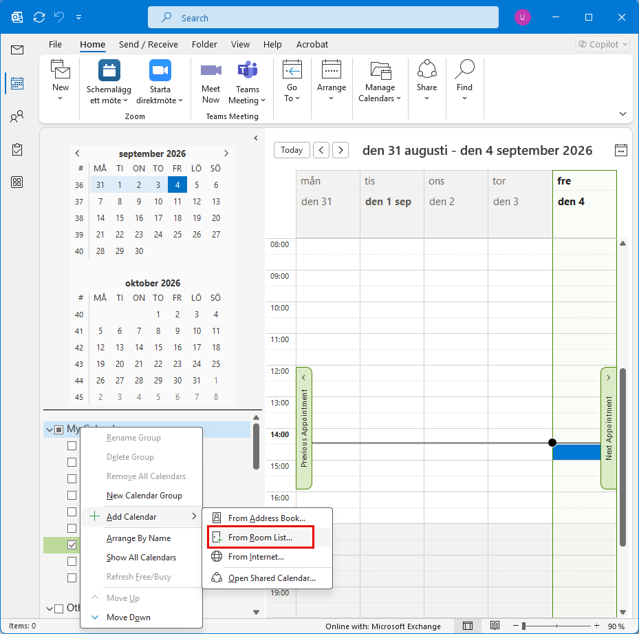 From Room list choice marked