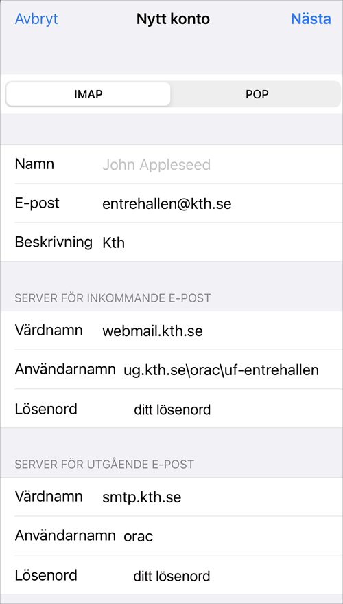 IMAP inställningar för funktionsmailbox iPhone