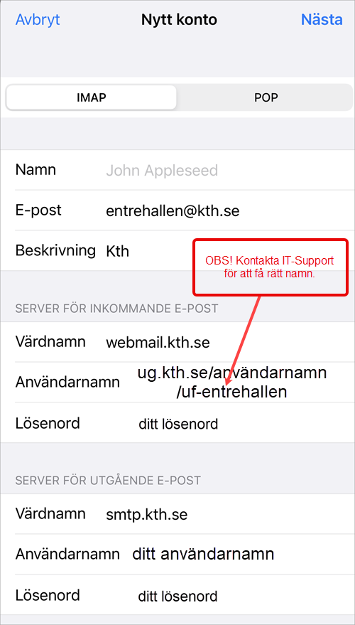 IMAP inställningar för funktionsmailbox iPhone