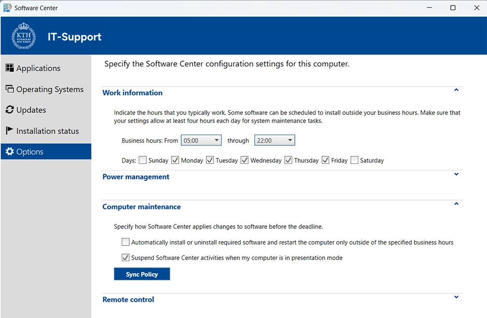Bild som visar hur man ska hittar Syncpolicy i Software Center