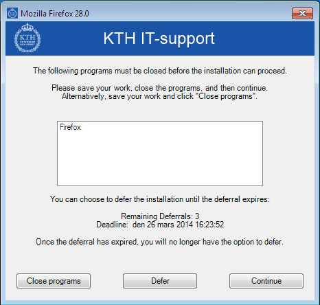 Informationsrutan från KTH IT-support om att stänga av program vid installation i Software Center