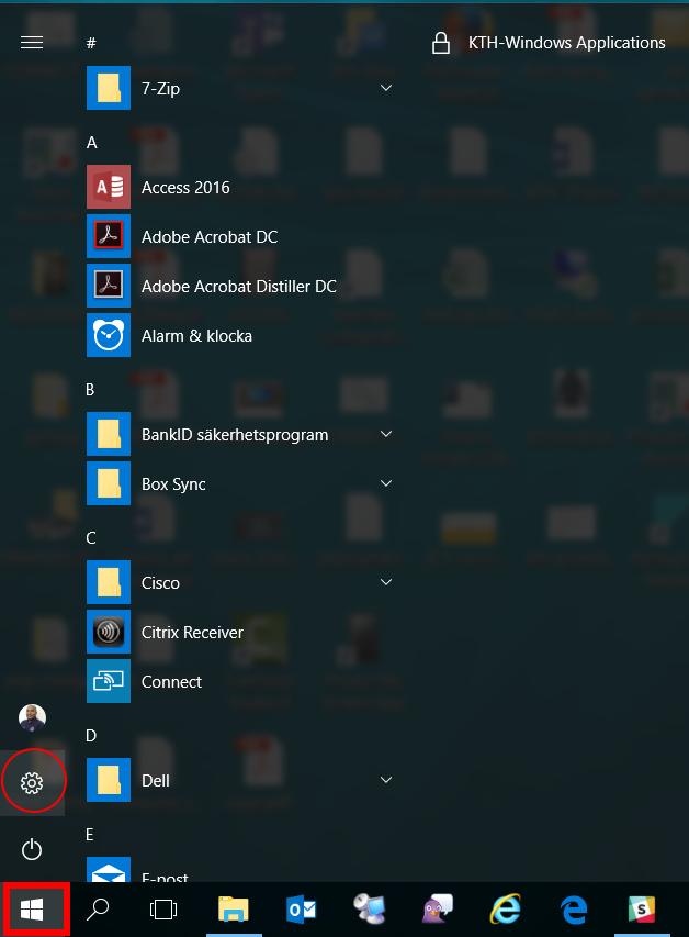 Windows knappen och kugghjulet knapen är markerade.