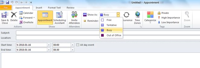 Appointment in Outlook showing busy