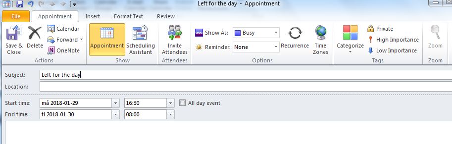 Appointment in Outlook - Subject