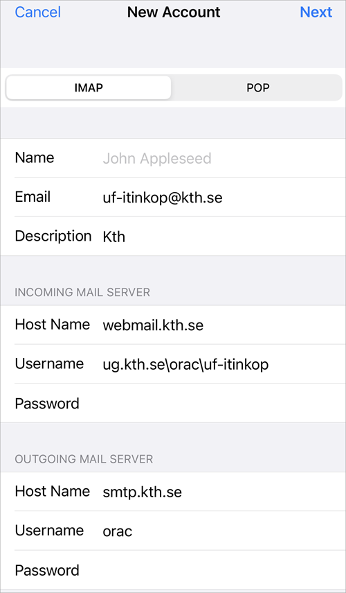 IMAP incoming and outgoing mail server settings