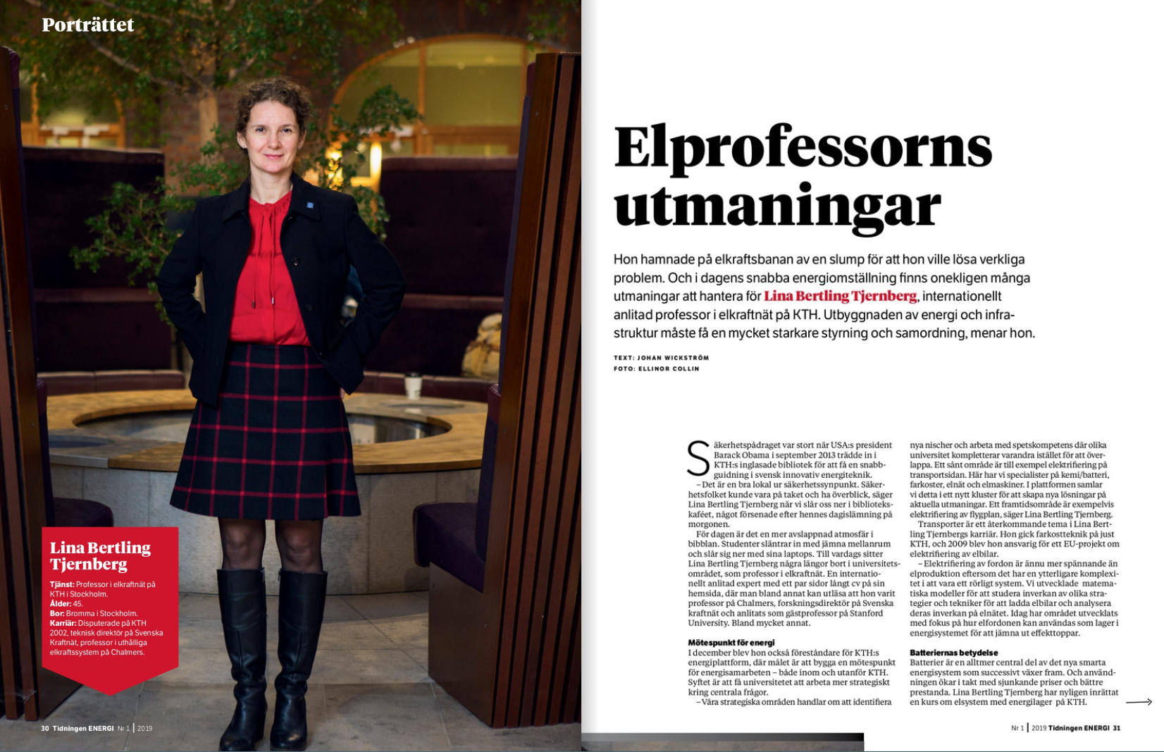 Screenshot from the swedish magazine Energy page 30-31: picture of Energy Platform Director Lina Bertling Tjernberg in KTH Library and first page of the article.
