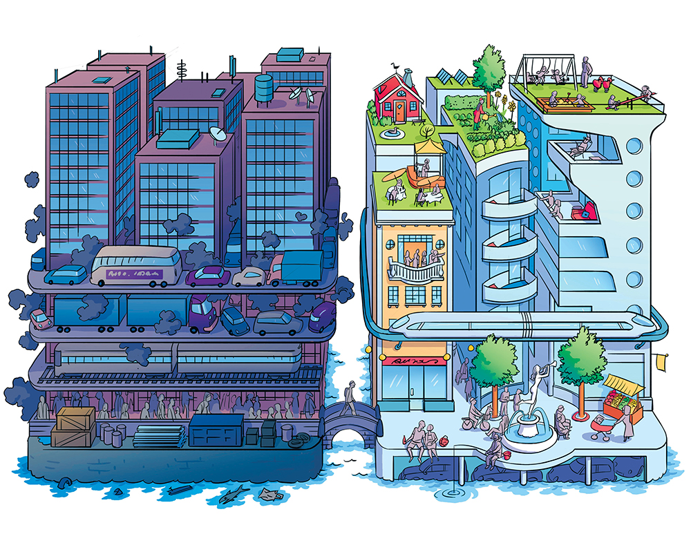 Illustration som visar två städer. En mörk och omänsklig stad till vänster och en ljus och mänsklig stad till höger.