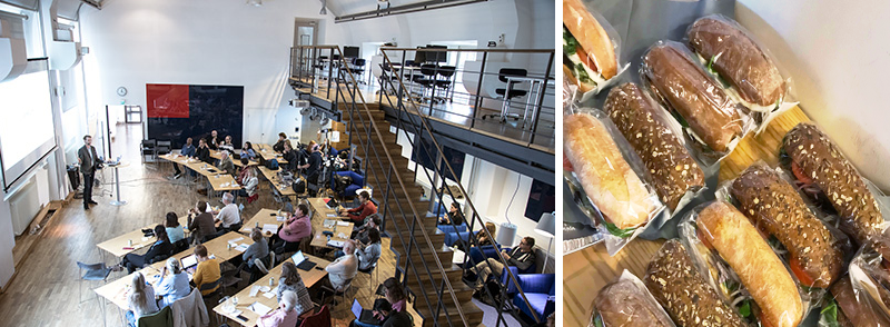 Audience and lecture and picture of sandwiches.
