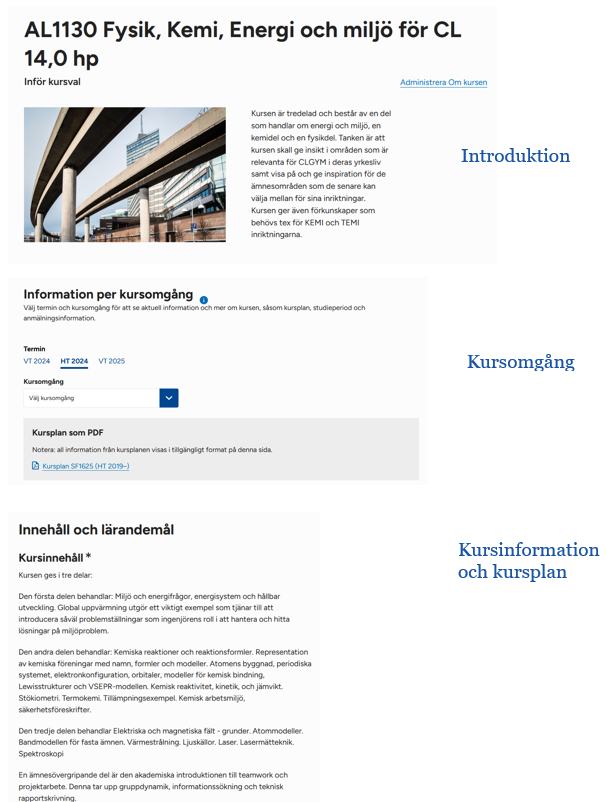 Bild som illustrerar informationsstrukturen på sidan Inför kursval