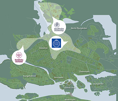 Karta över delar av Stockholm där de tre universiteten som bildar Universitetsalliansen är utmärkta.